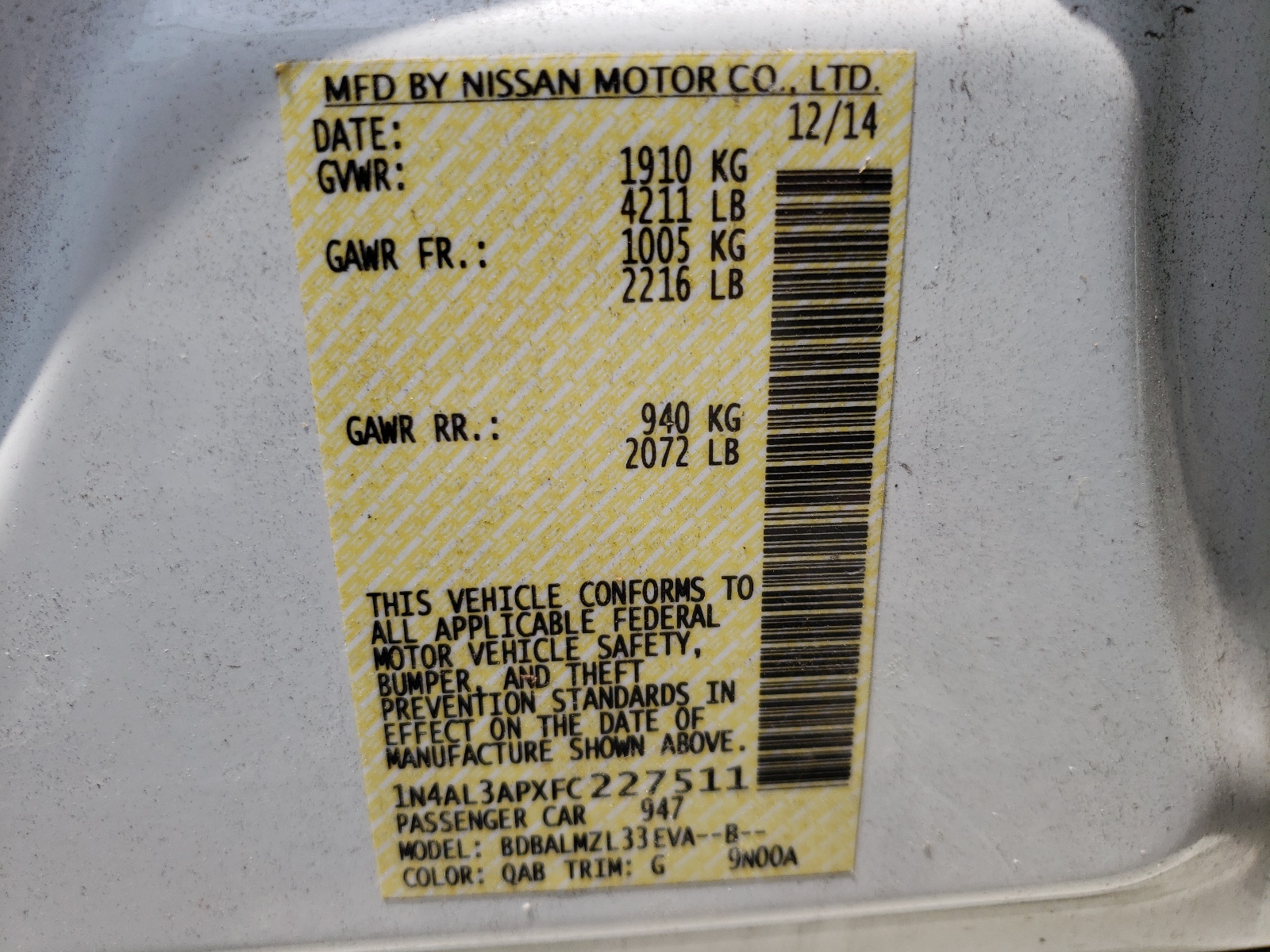 Photo 10 from auction – 2015 NISSAN ALTIMA 2.5 with VIN 1N4AL3APXFC227511
