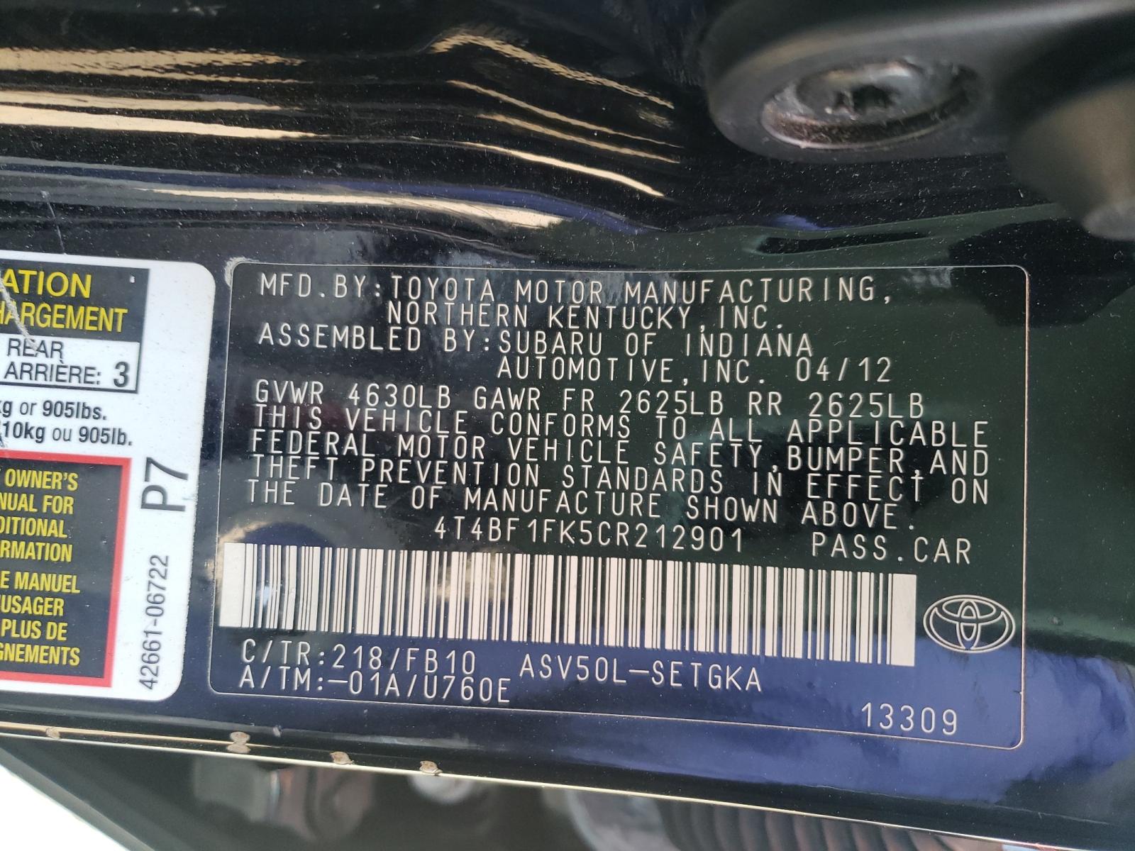 Photo 10 from auction – 2012 TOYOTA CAMRY BASE with VIN 4T4BF1FK5CR212901