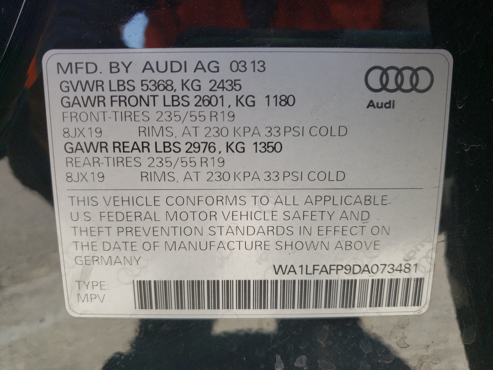 Photo 10 from auction – 2013 AUDI Q5 PREMIUM with VIN WA1LFAFP9DA073481