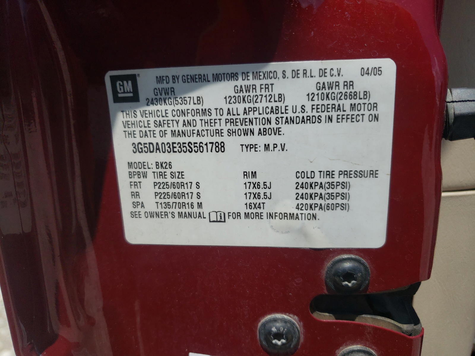 Photo 10 from auction – 2005 BUICK RENDEZVOUS with VIN 3G5DA03E35S561788