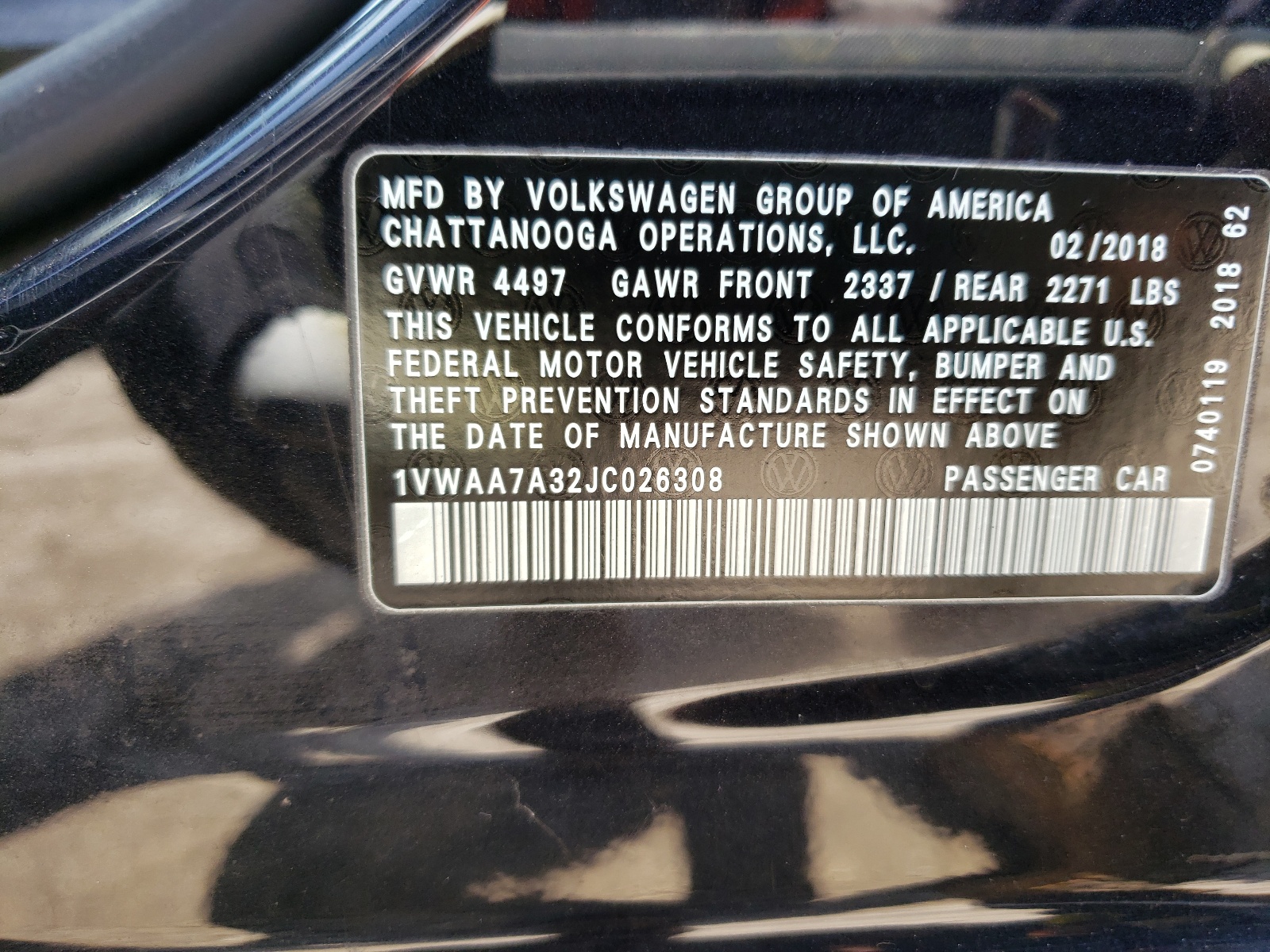 Photo 10 from auction – 2018 VOLKSWAGEN PASSAT S with VIN 1VWAA7A32JC026308