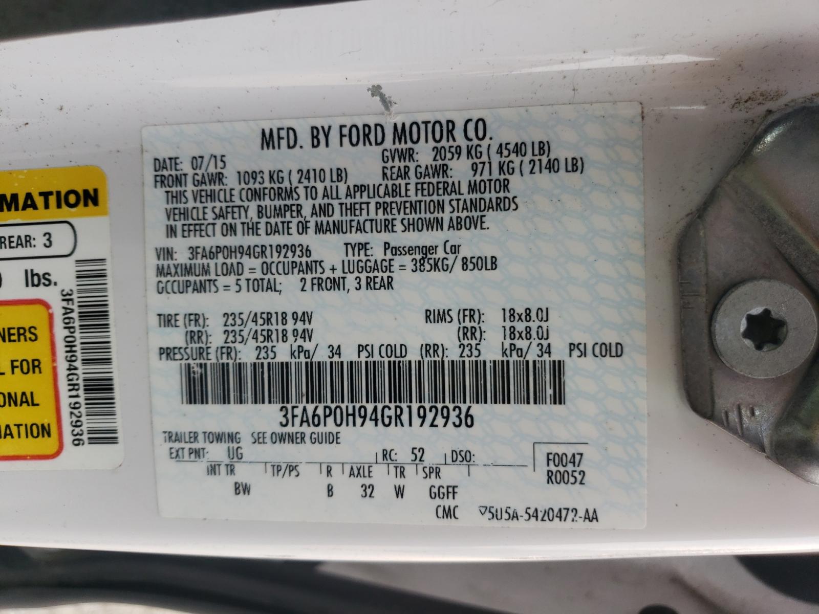 Photo 10 from auction – 2016 FORD FUSION SE with VIN 3FA6P0H94GR192936