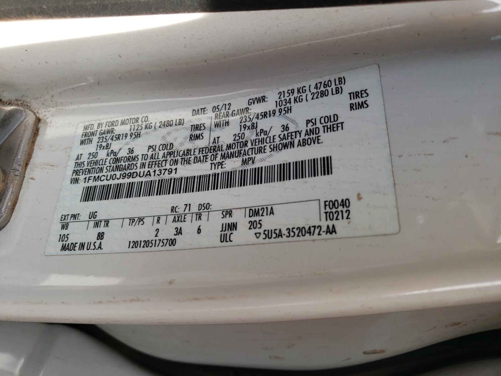 Photo 10 from auction – 2013 FORD ESCAPE TIT with VIN 1FMCU0J99DUA13791
