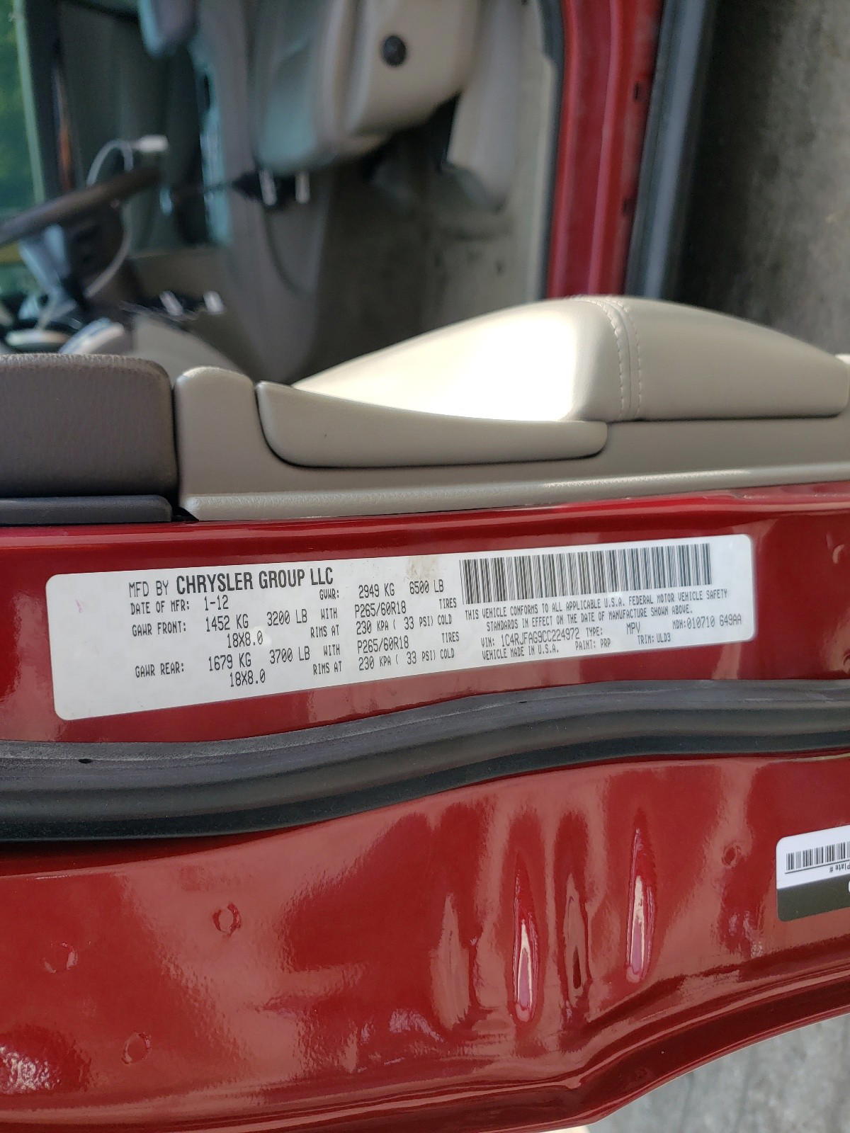 Photo 10 from auction – 2012 JEEP GRAND CHER with VIN 1C4RJFAG9CC224972