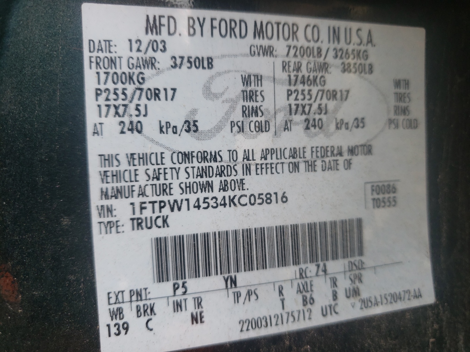 Photo 10 from auction – 2004 FORD F150 SUPER with VIN 1FTPW14534KC05816