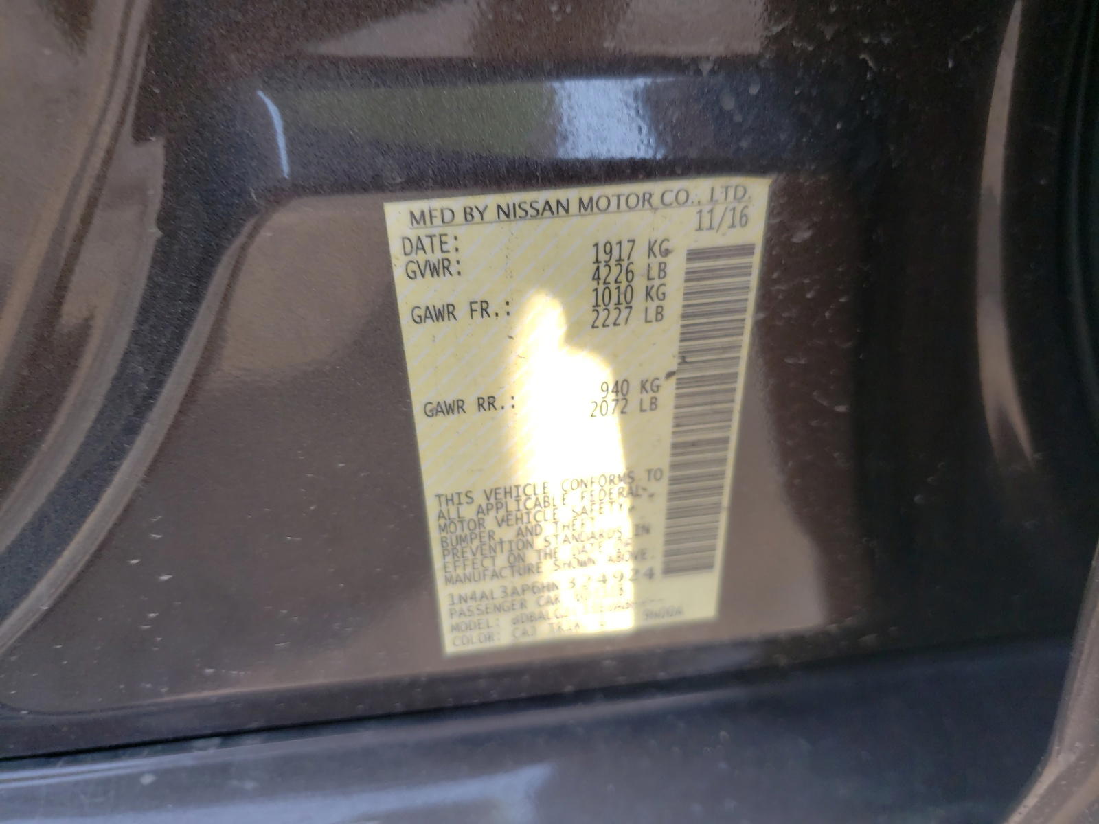 Photo 10 from auction – 2017 NISSAN ALTIMA 2.5 with VIN 1N4AL3AP6HN324924
