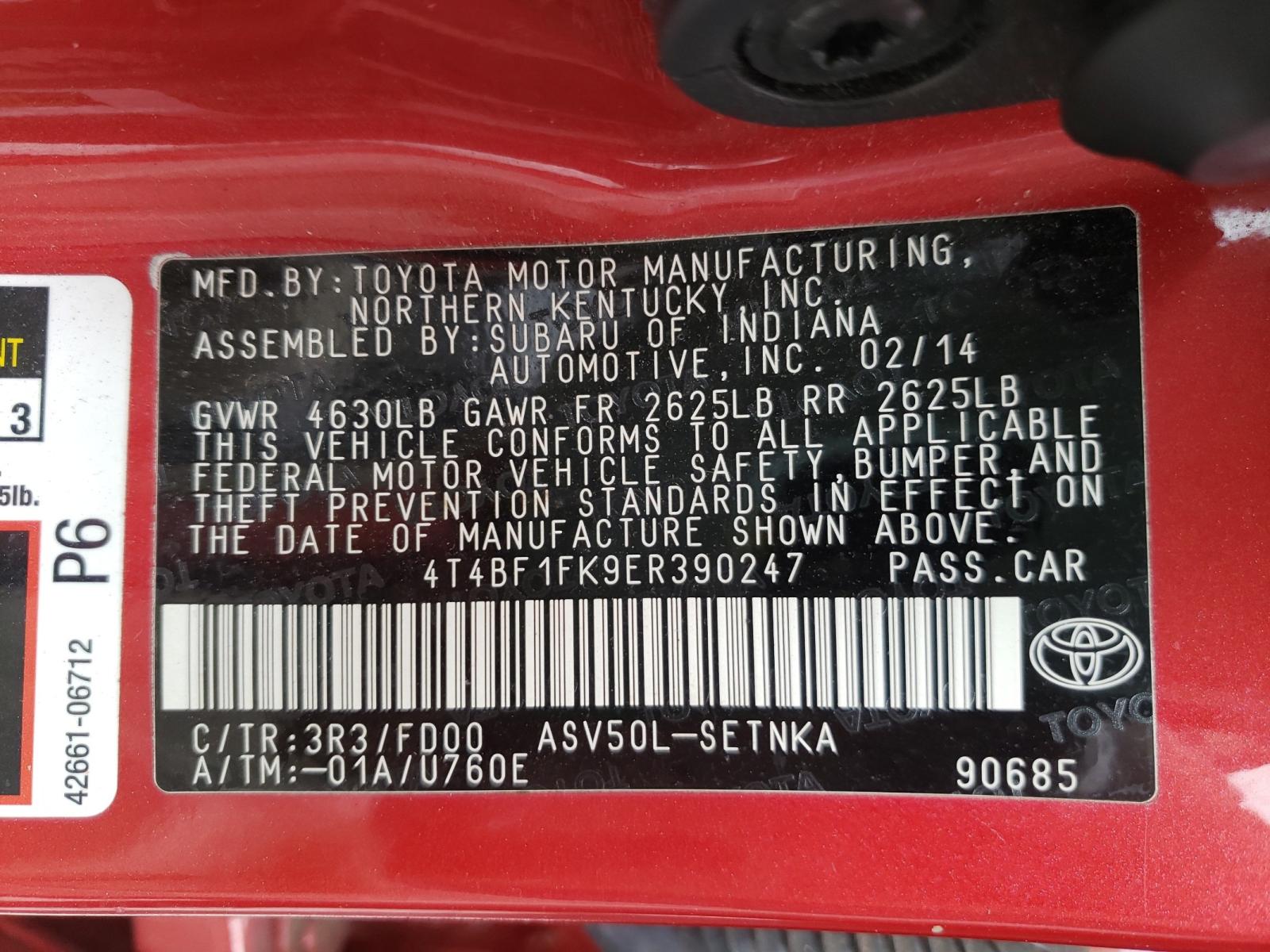 Photo 10 from auction – 2014 TOYOTA CAMRY L with VIN 4T4BF1FK9ER390247