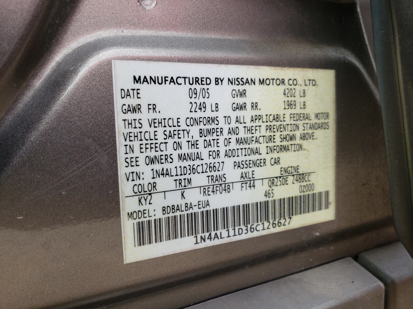Photo 10 from auction – 2006 NISSAN ALTIMA S with VIN 1N4AL11D36C126627