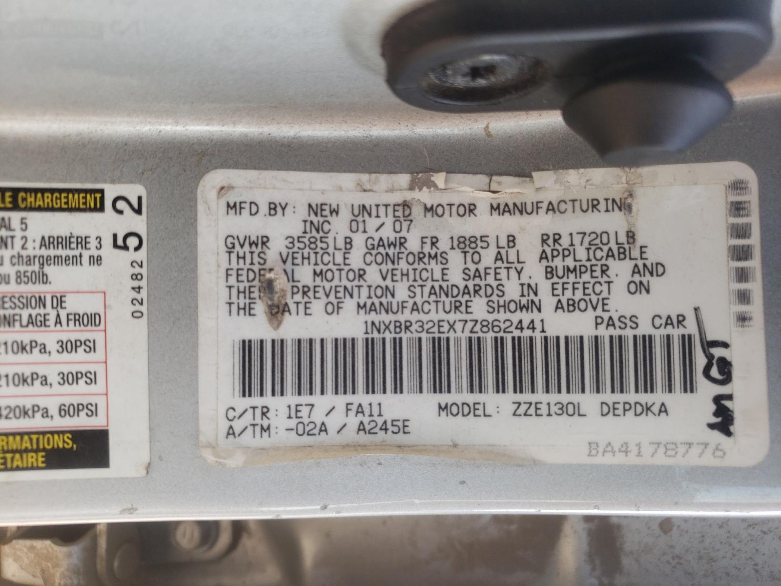 Photo 10 from auction – 2007 TOYOTA COROLLA CE with VIN 1NXBR32EX7Z862441