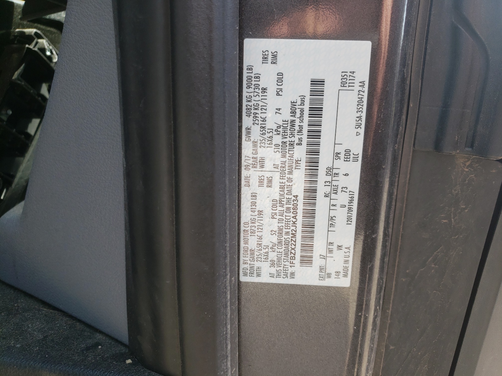 Фото 10 с аукциона – 2018 FORD TRANSIT T- с VIN 1FBZX2ZM2JKA08034
