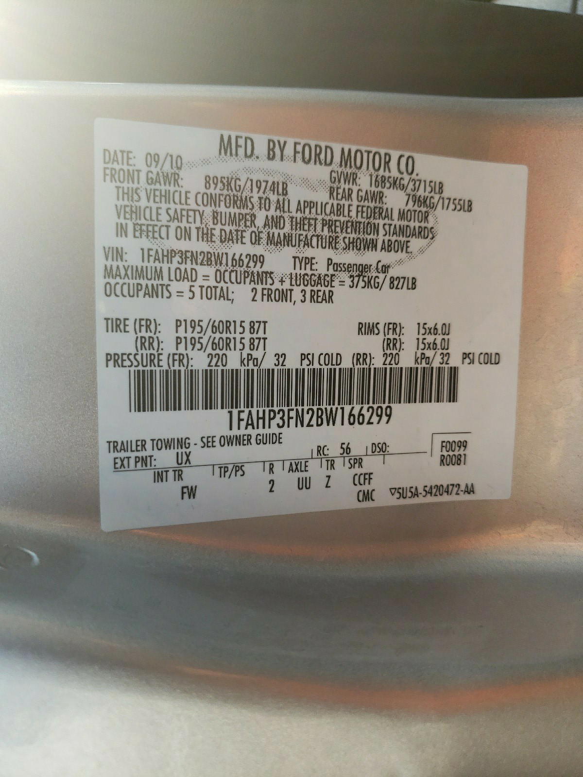 Photo 10 from auction – 2011 FORD FOCUS SE with VIN 1FAHP3FN2BW166299