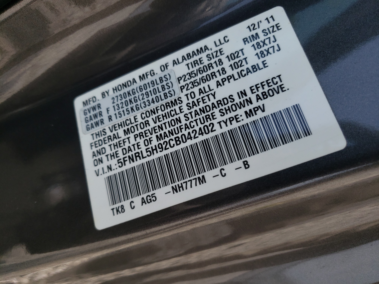Photo 10 from auction – 2012 HONDA ODYSSEY TO with VIN 5FNRL5H92CB042402