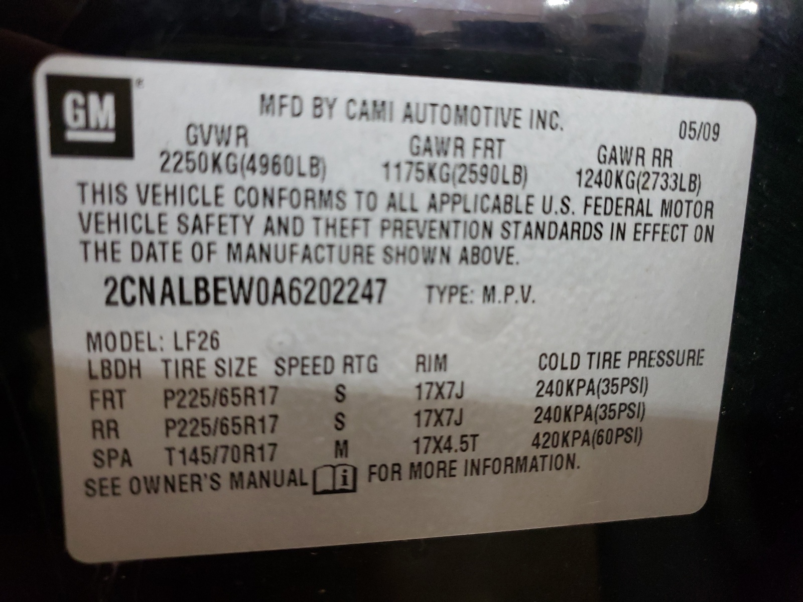 Photo 10 from auction – 2010 CHEVROLET EQUINOX LS with VIN 2CNALBEW0A6202247