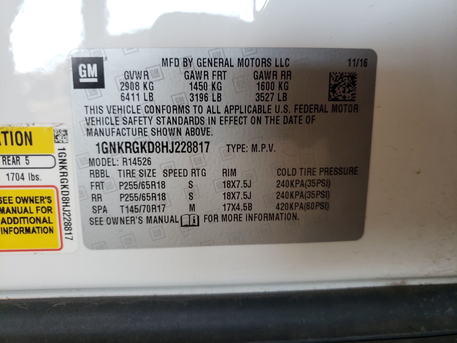 Photo 10 from auction – 2017 CHEVROLET TRAVERSE L with VIN 1GNKRGKD8HJ228817