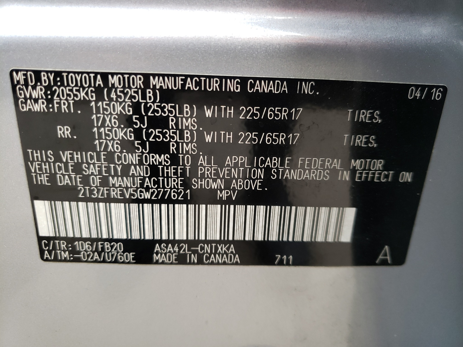 Photo 10 from auction – 2016 TOYOTA RAV4 LE with VIN 2T3ZFREV5GW277621
