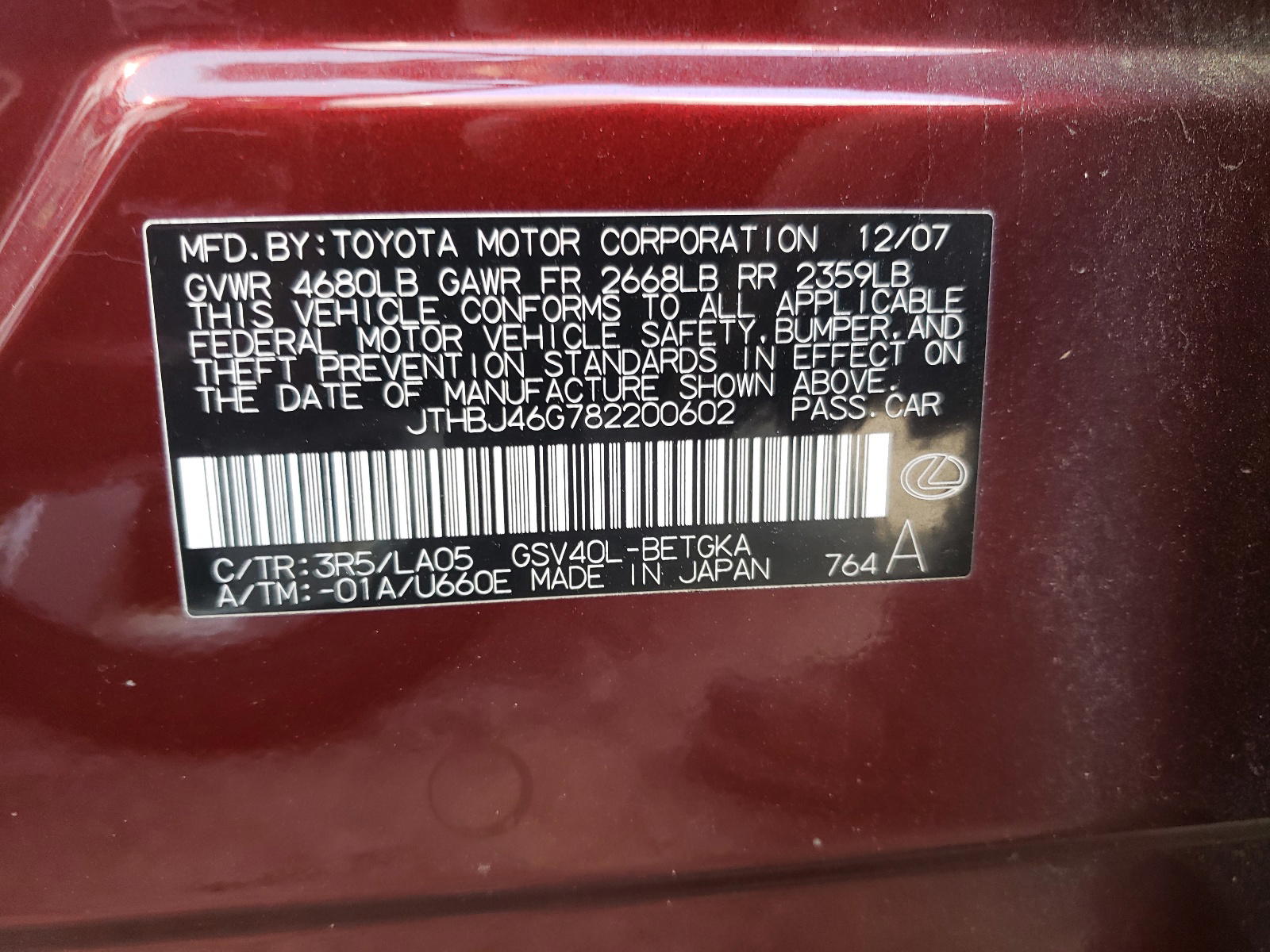 Photo 10 from auction – 2008 LEXUS ES 350 with VIN JTHBJ46G782200602