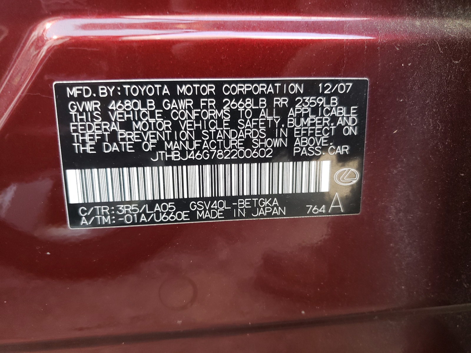 Фото 10 с аукциона – 2008 LEXUS ES 350 с VIN JTHBJ46G782200602