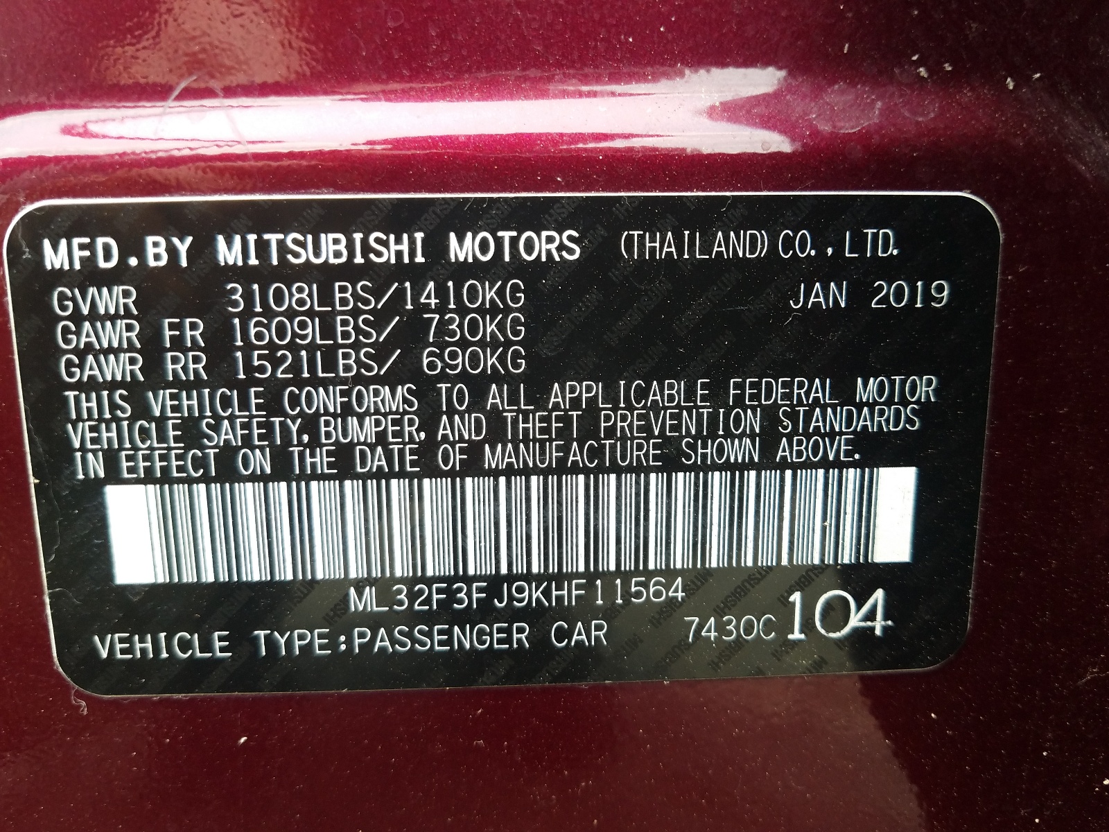 Photo 10 from auction – 2019 MITSUBISHI MIRAGE G4 with VIN ML32F3FJ9KHF11564