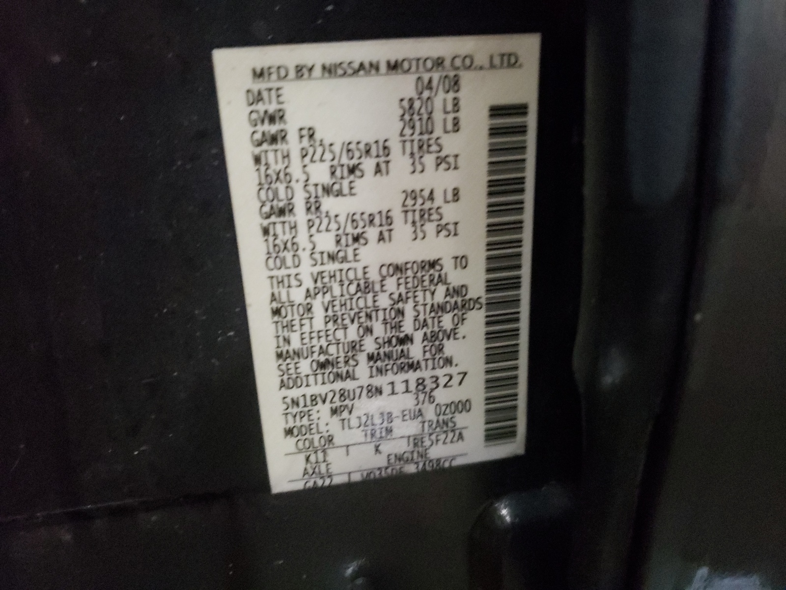 Photo 10 from auction – 2008 NISSAN QUEST S with VIN 5N1BV28U78N118327