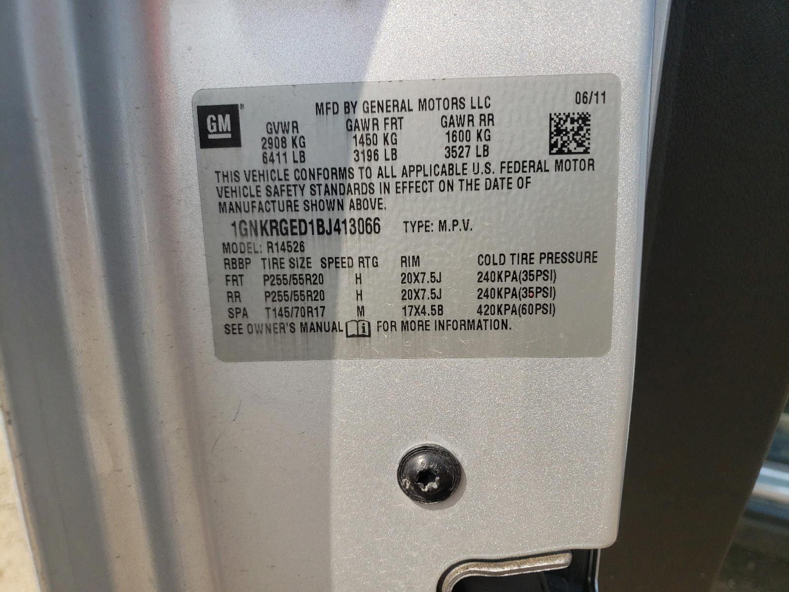 Photo 10 from auction – 2011 CHEVROLET TRAVERSE L with VIN 1GNKRGED1BJ413066