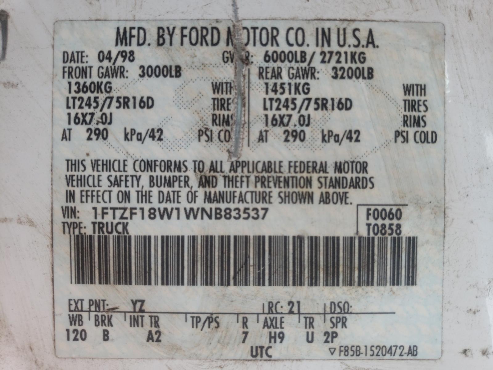 Photo 10 from auction – 1998 FORD F150 with VIN 1FTZF18W1WNB83537