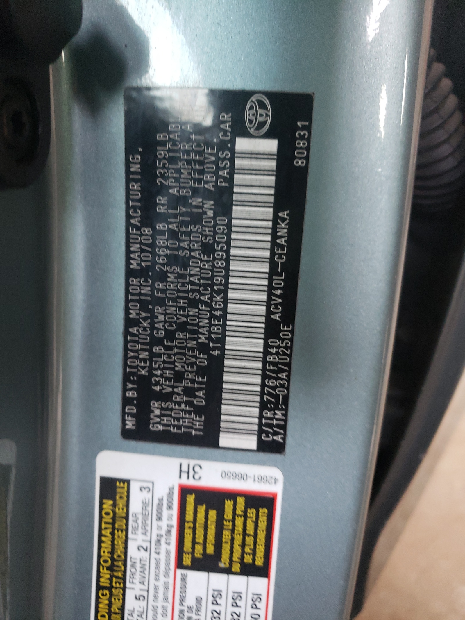 Photo 10 from auction – 2009 TOYOTA CAMRY BASE with VIN 4T1BE46K19U895090