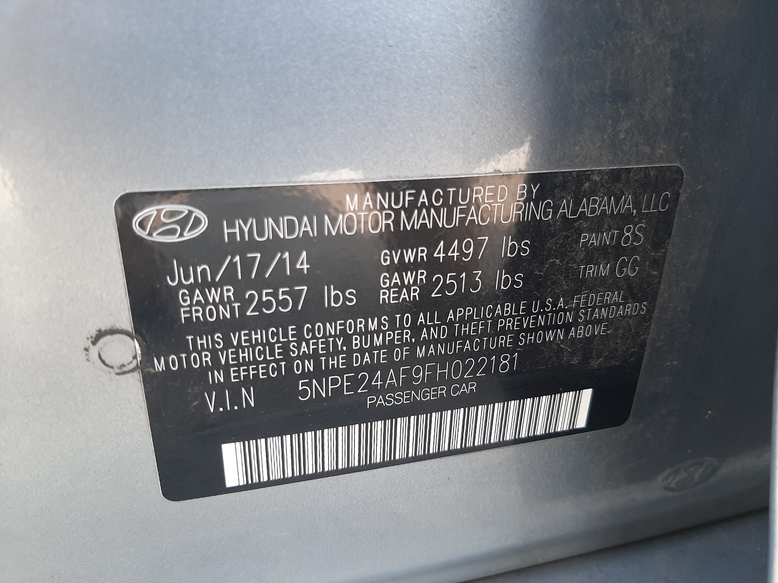 Photo 10 from auction – 2015 HYUNDAI SONATA SE with VIN 5NPE24AF9FH022181
