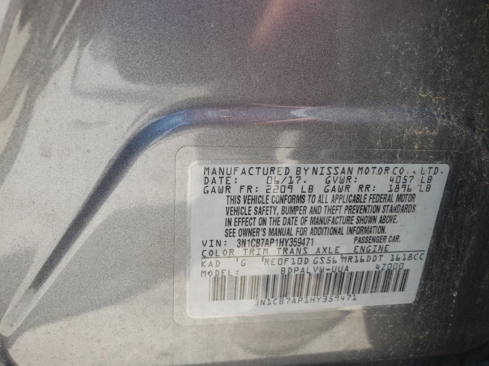 Photo 10 from auction – 2017 NISSAN SENTRA SR with VIN 3N1CB7AP1HY359471