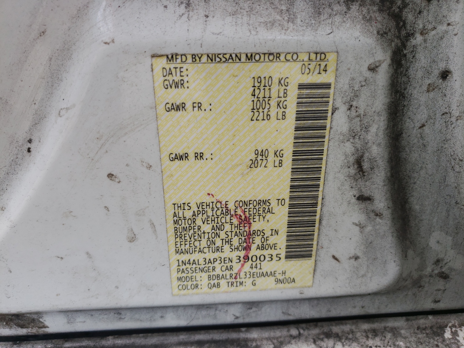 Photo 10 from auction – 2014 NISSAN ALTIMA 2.5 with VIN 1N4AL3AP3EN390035