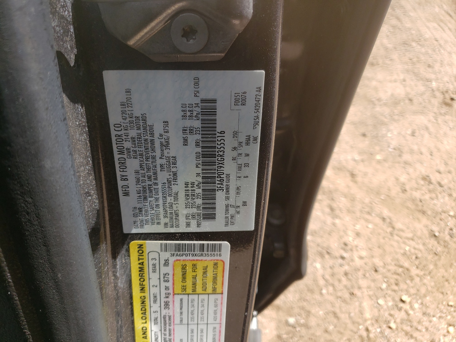 Photo 10 from auction – 2016 FORD FUSION SE with VIN 3FA6P0T9XGR355516