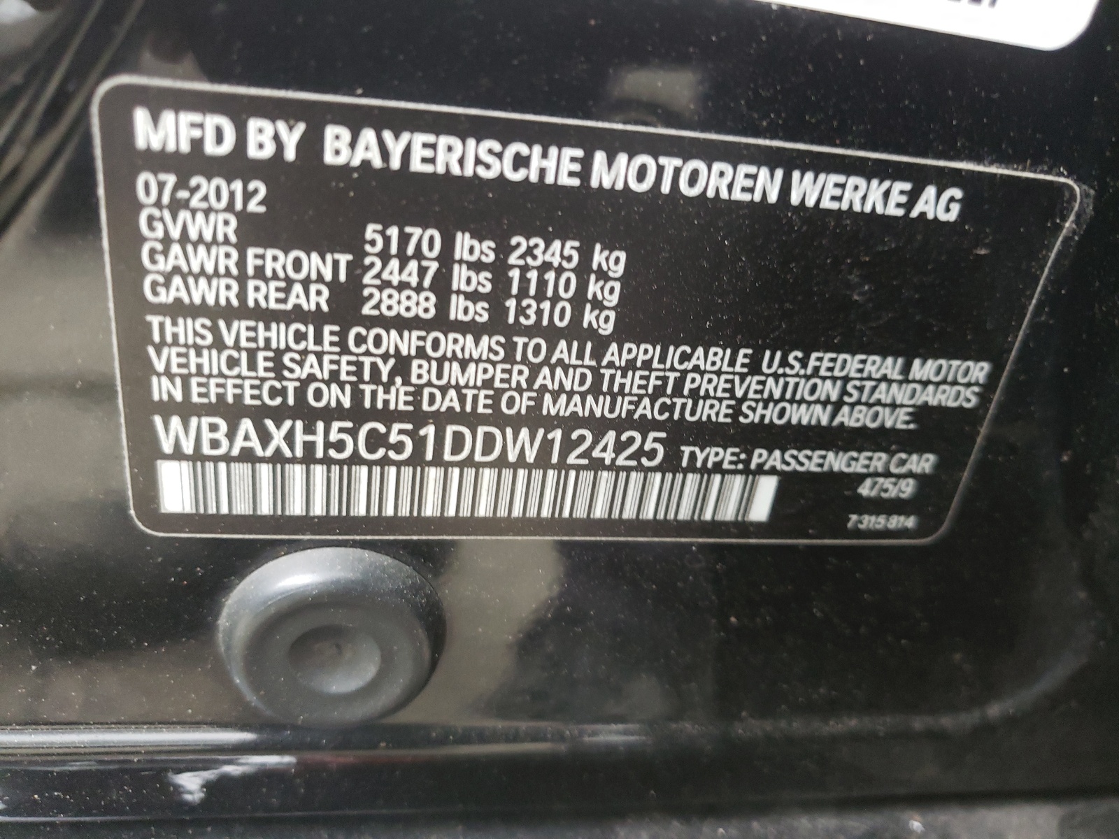 Photo 10 from auction – 2013 BMW 528 XI with VIN WBAXH5C51DDW12425