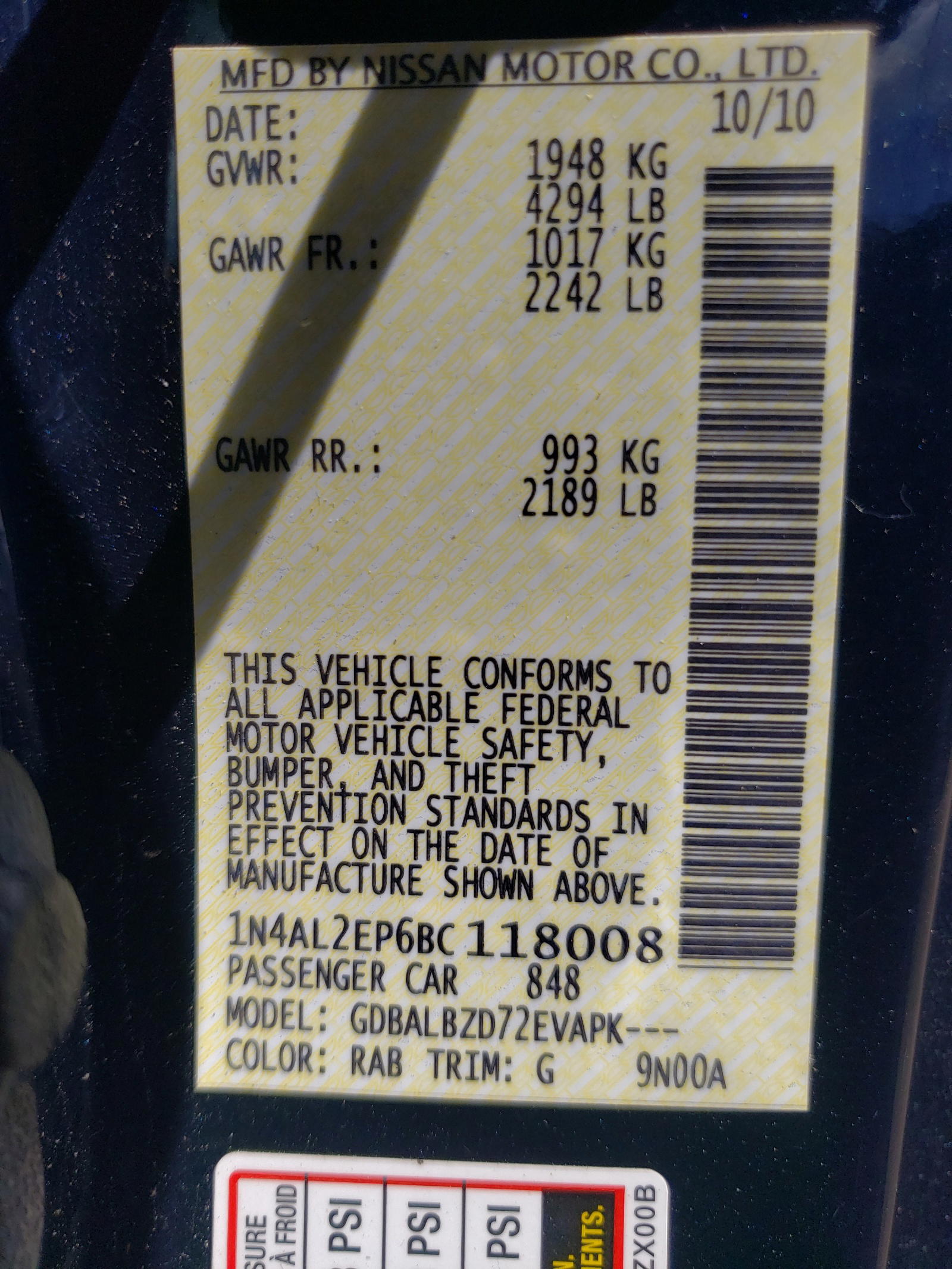 Photo 10 from auction – 2011 NISSAN ALTIMA S with VIN 1N4AL2EP6BC118008