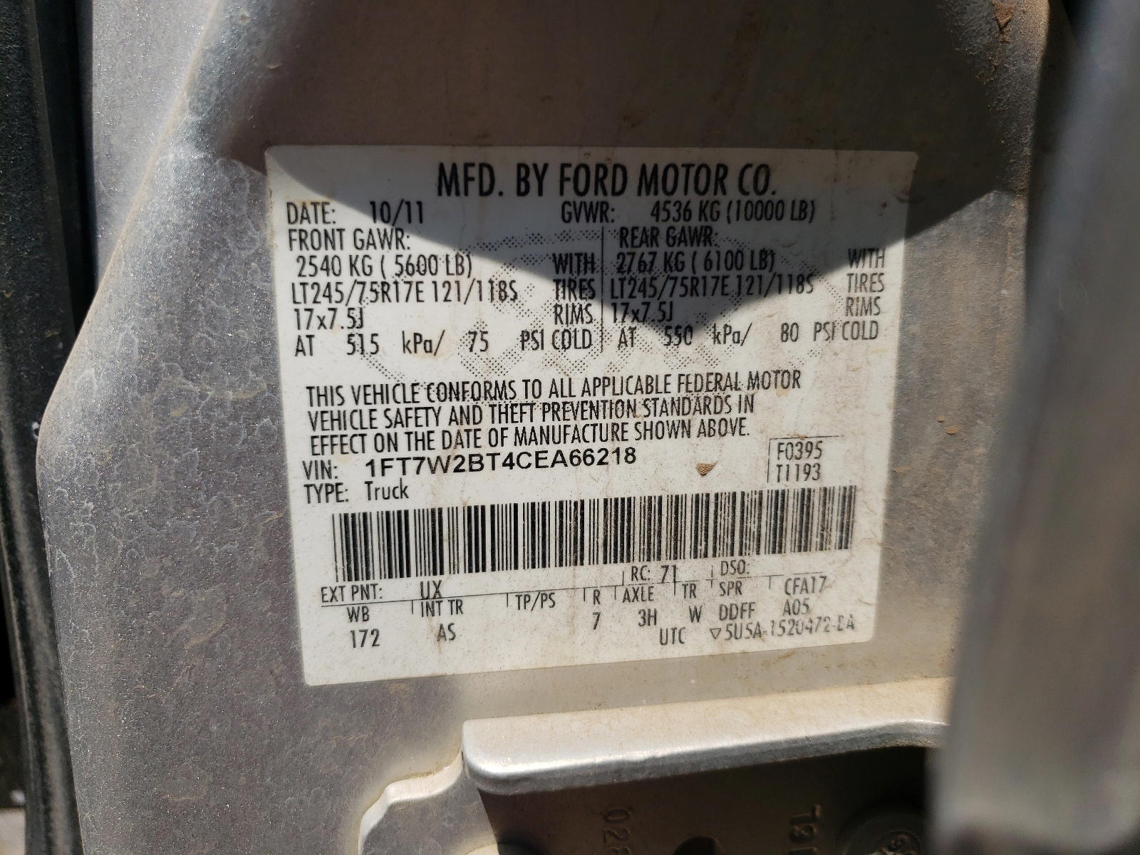 Photo 10 from auction – 2012 FORD F250 SUPER with VIN 1FT7W2BT4CEA66218