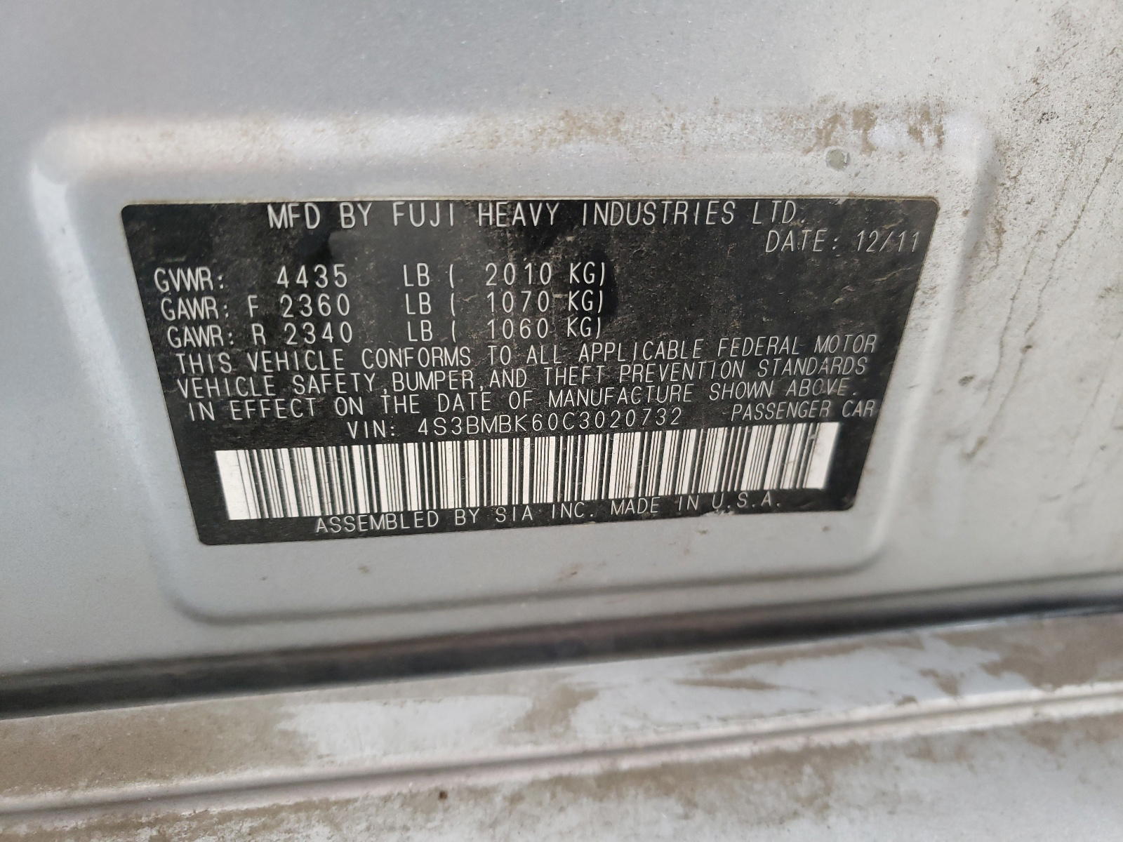 Photo 10 from auction – 2012 SUBARU LEGACY 2.5 with VIN 4S3BMBK60C3020732