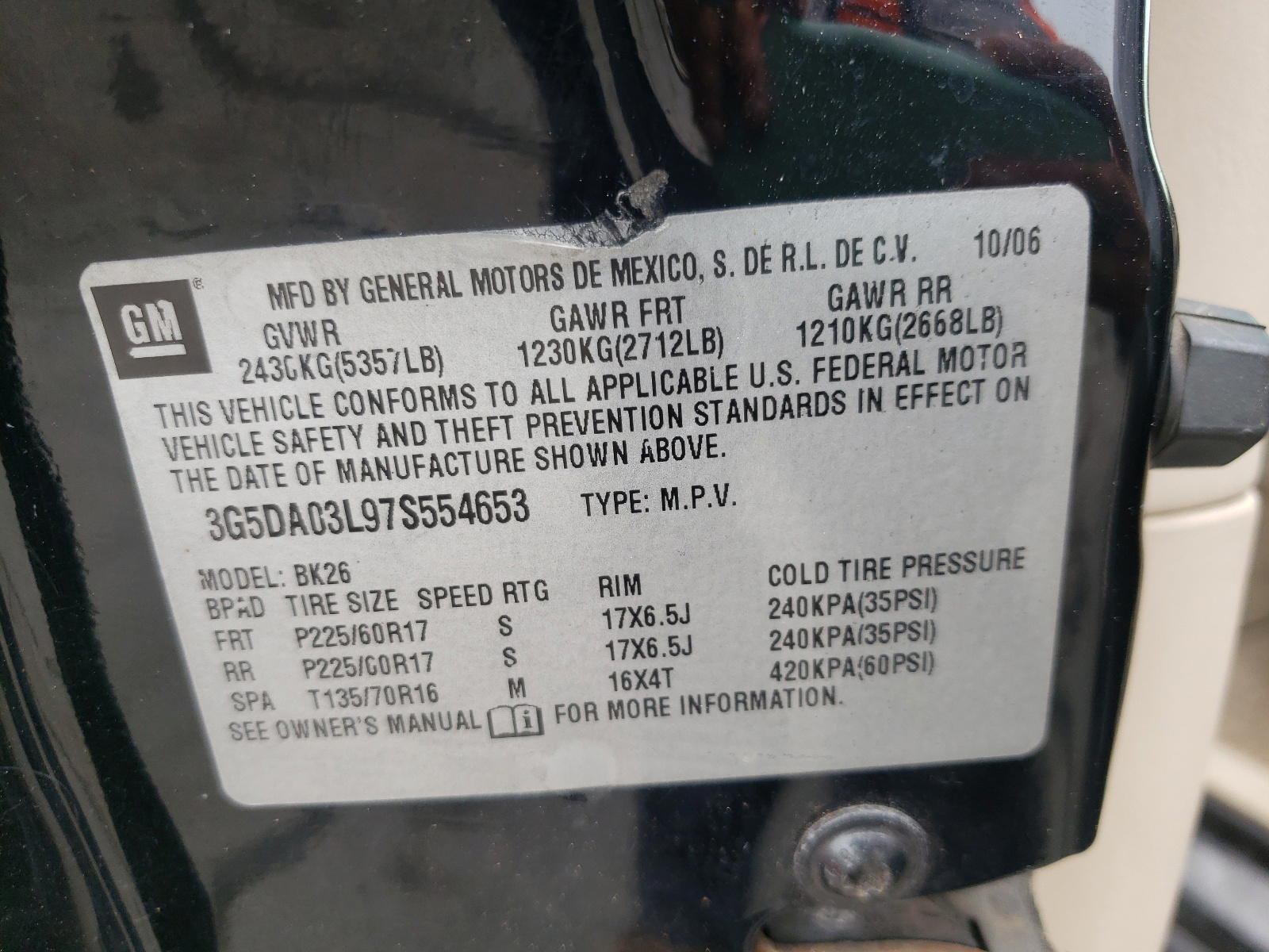 Photo 10 from auction – 2007 BUICK RENDEZVOUS with VIN 3G5DA03L97S554653