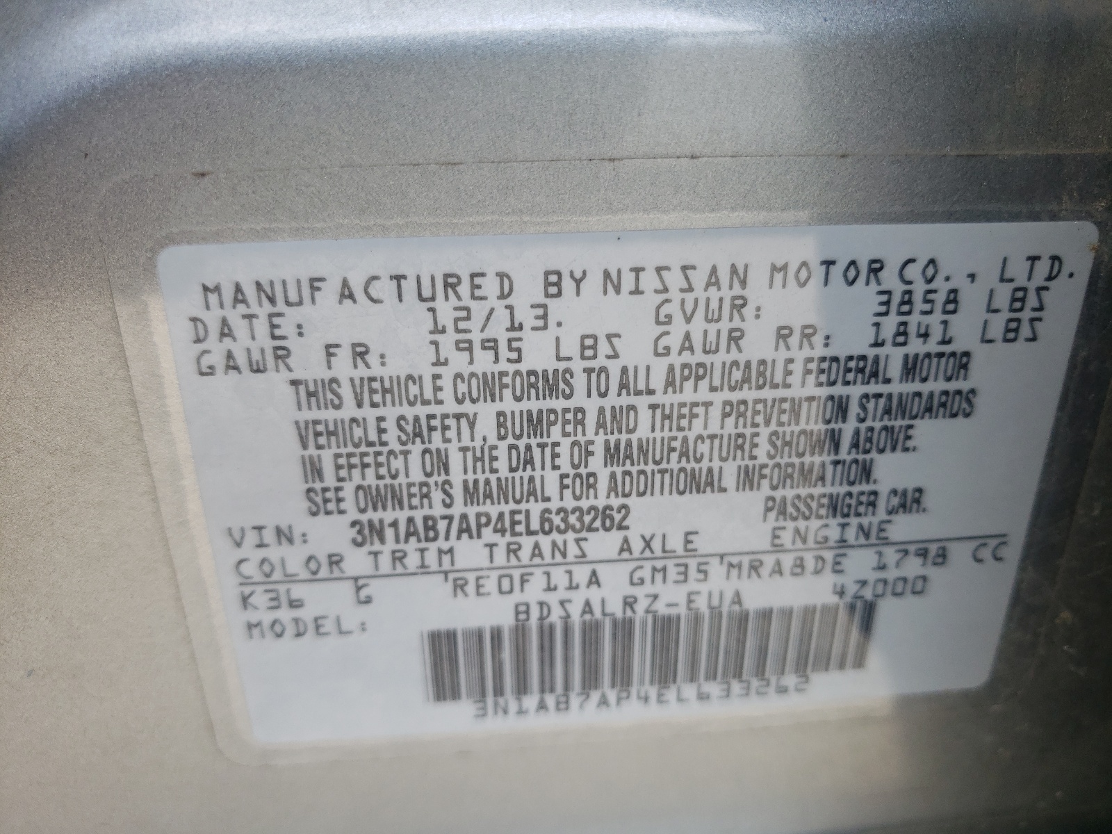 Photo 10 from auction – 2014 NISSAN SENTRA S with VIN 3N1AB7AP4EL633262