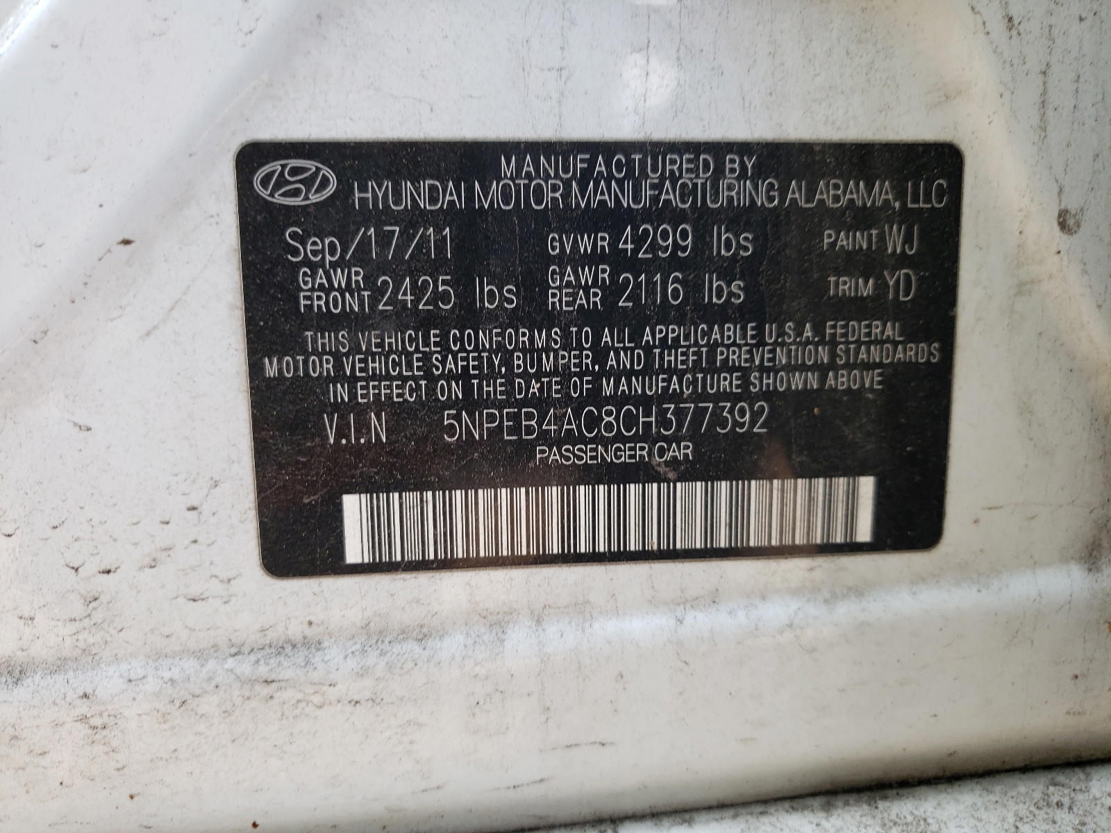 Photo 10 from auction – 2012 HYUNDAI SONATA GLS with VIN 5NPEB4AC8CH377392