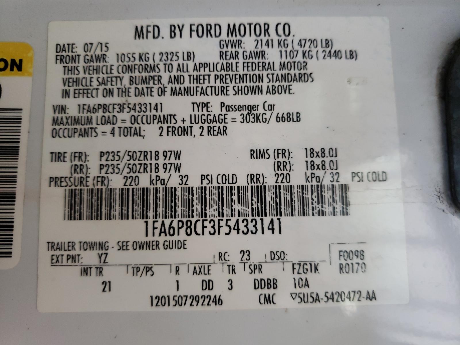 Photo 10 from auction – 2015 FORD MUSTANG GT with VIN 1FA6P8CF3F5433141