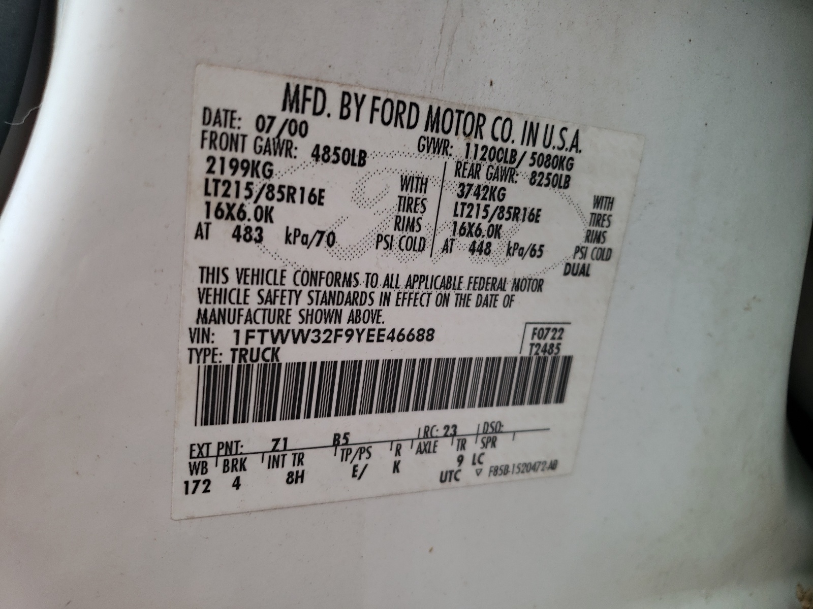 Photo 10 from auction – 2000 FORD F350 SUPER with VIN 1FTWW32F9YEE46688