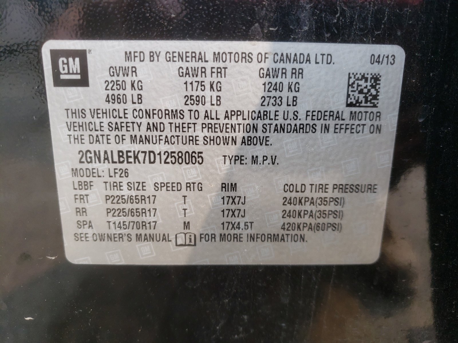 Photo 10 from auction – 2013 CHEVROLET EQUINOX LS with VIN 2GNALBEK7D1258065