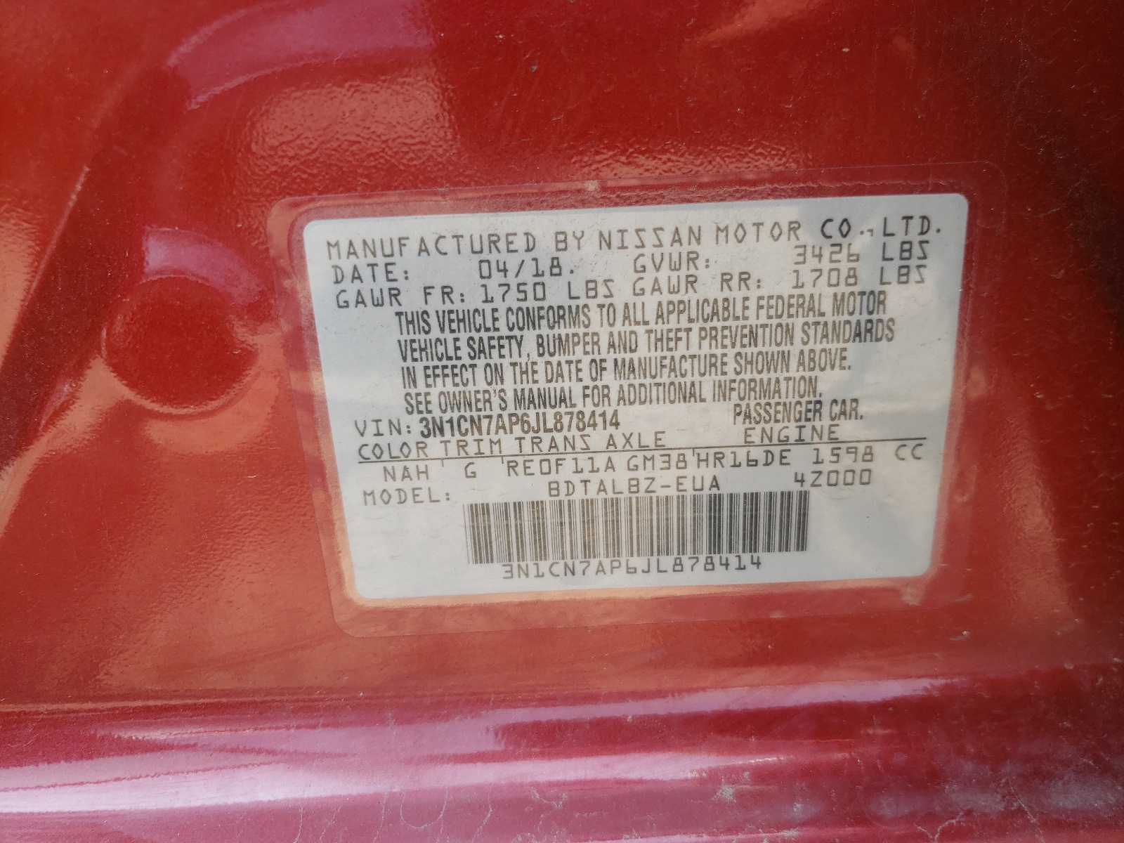 Photo 10 from auction – 2018 NISSAN VERSA S with VIN 3N1CN7AP6JL878414