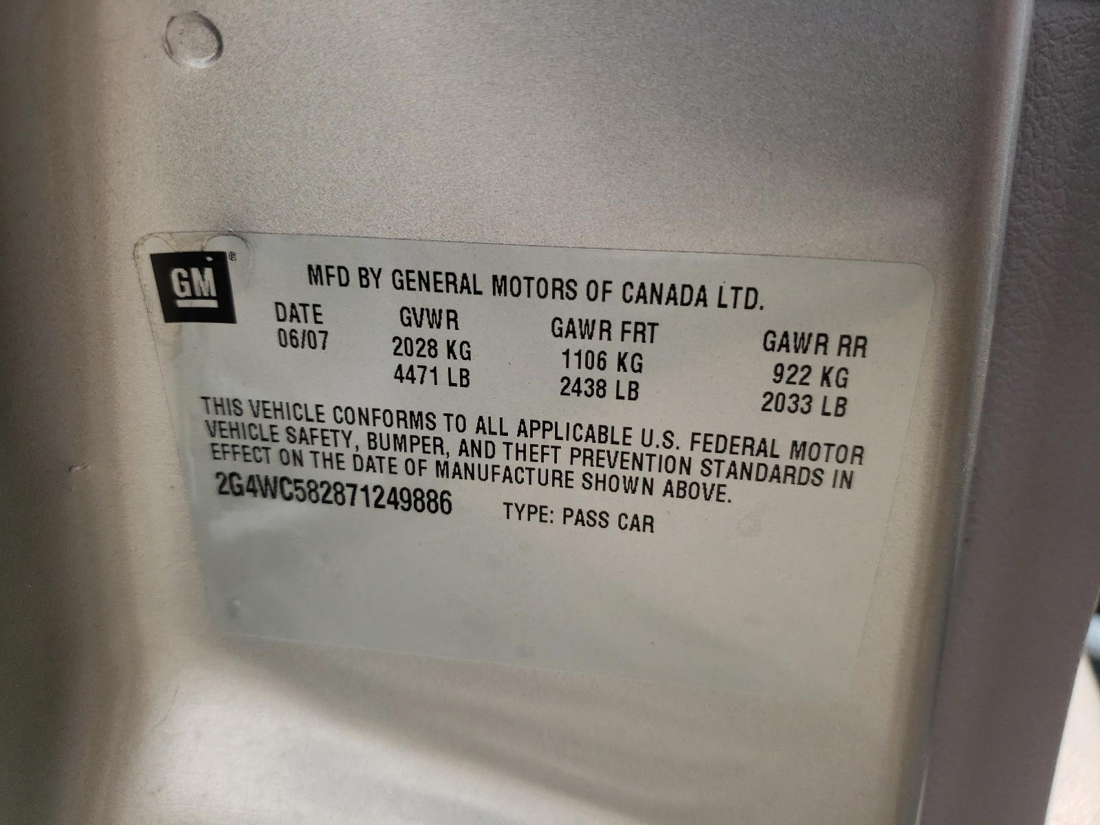 Photo 10 from auction – 2007 BUICK LACROSSE C with VIN 2G4WC582871249886
