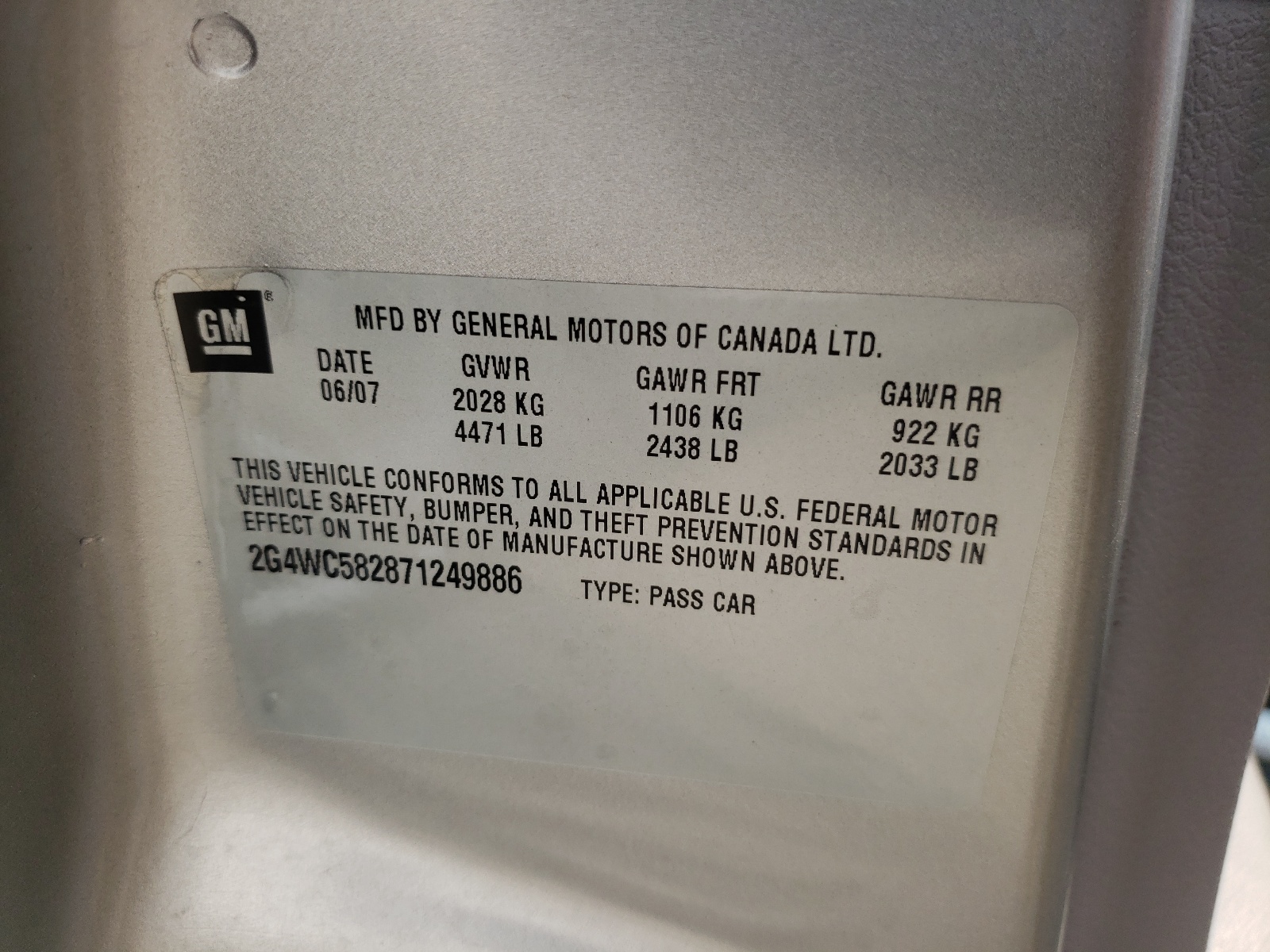 Zdjęcie 10 z aukcji – 2007 BUICK LACROSSE C z VIN 2G4WC582871249886