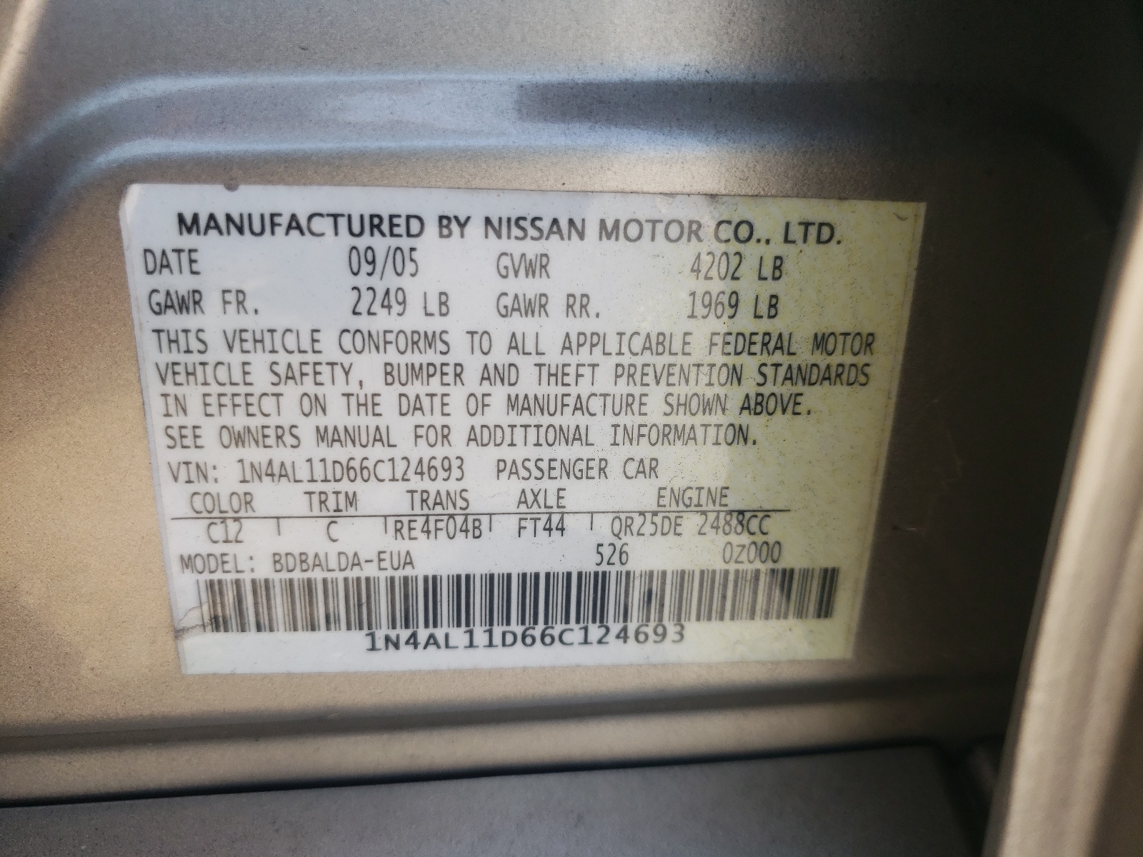 Photo 10 from auction – 2006 NISSAN ALTIMA S with VIN 1N4AL11D66C124693