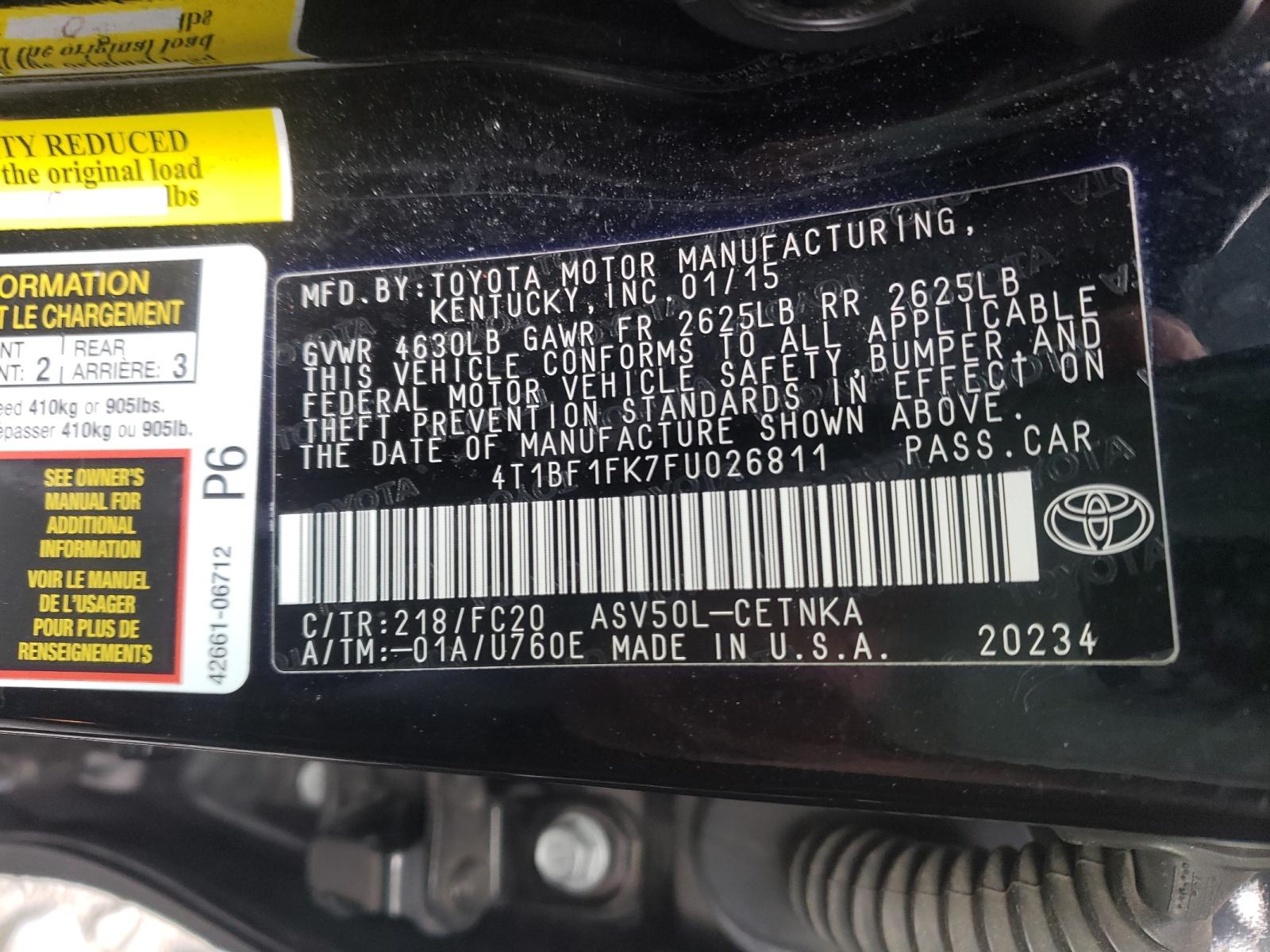 Photo 10 from auction – 2015 TOYOTA CAMRY LE with VIN 4T1BF1FK7FU026811