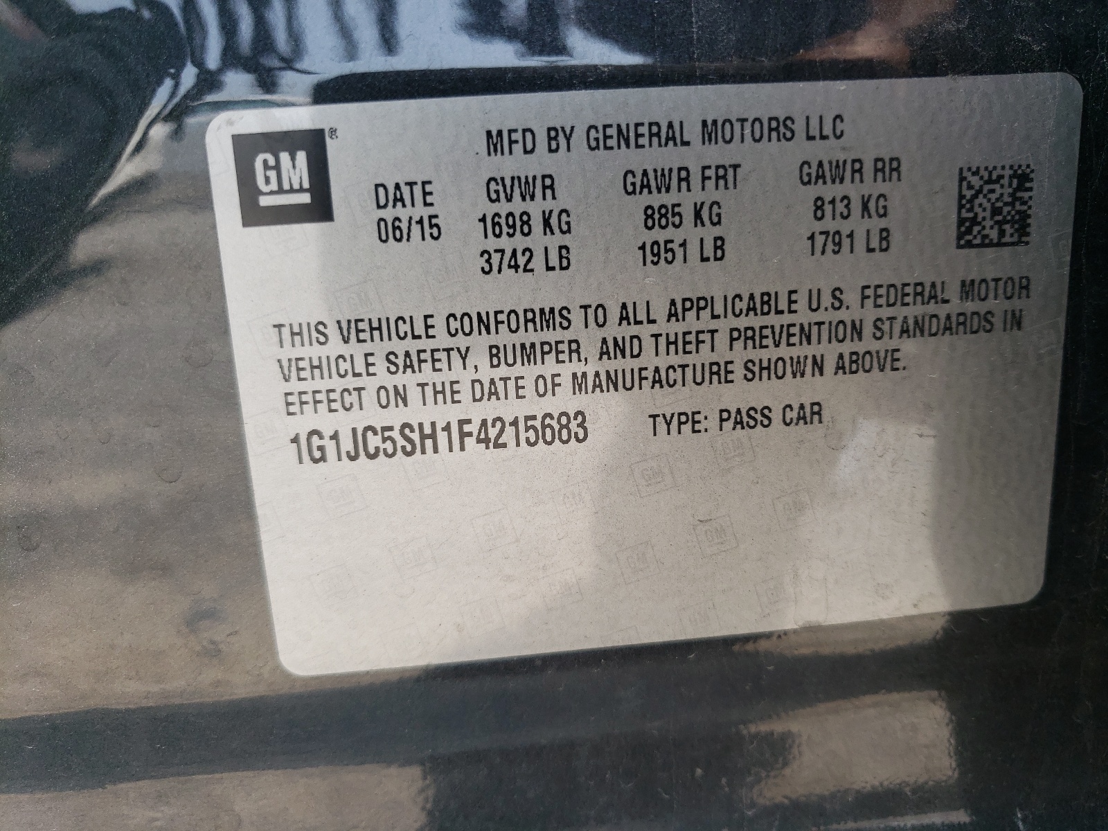 Photo 10 from auction – 2015 CHEVROLET SONIC LT with VIN 1G1JC5SH1F4215683