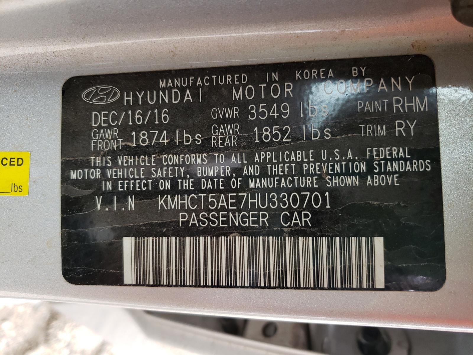 Photo 10 from auction – 2017 HYUNDAI ACCENT SE with VIN KMHCT5AE7HU330701