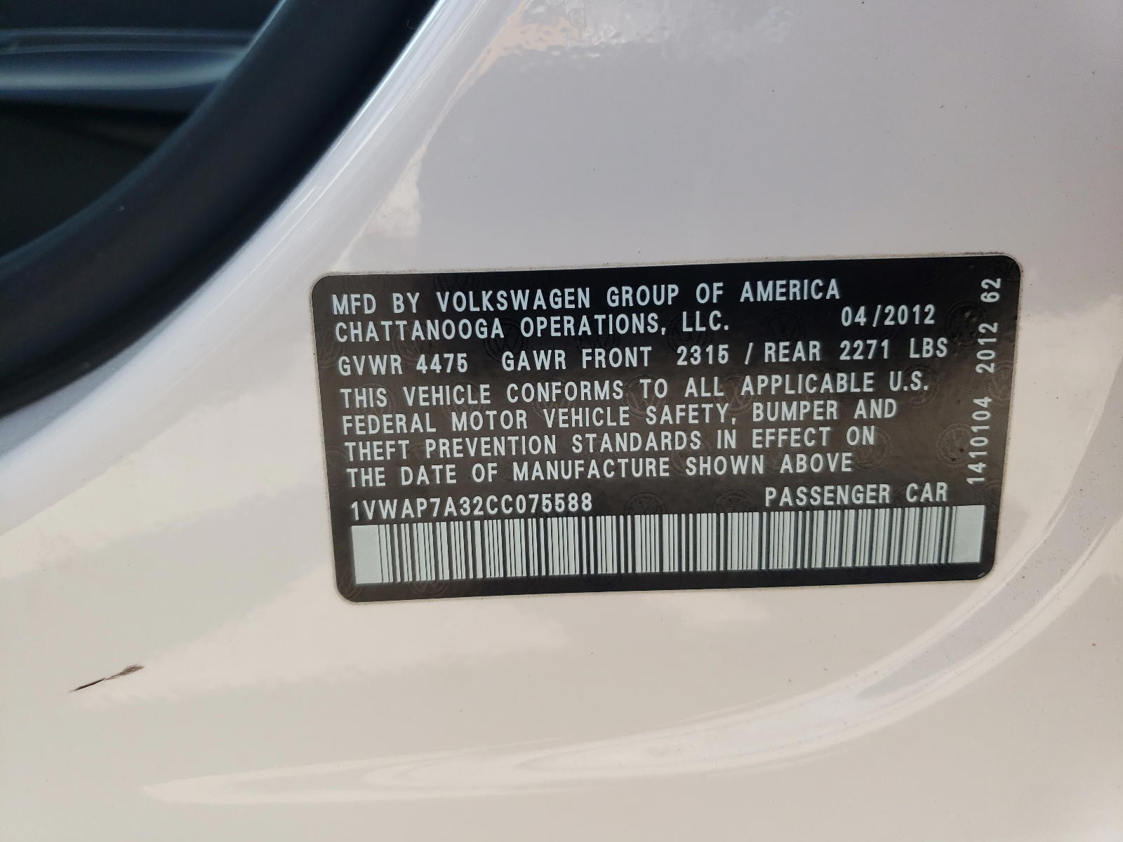 Photo 10 from auction – 2012 VOLKSWAGEN PASSAT S with VIN 1VWAP7A32CC075588