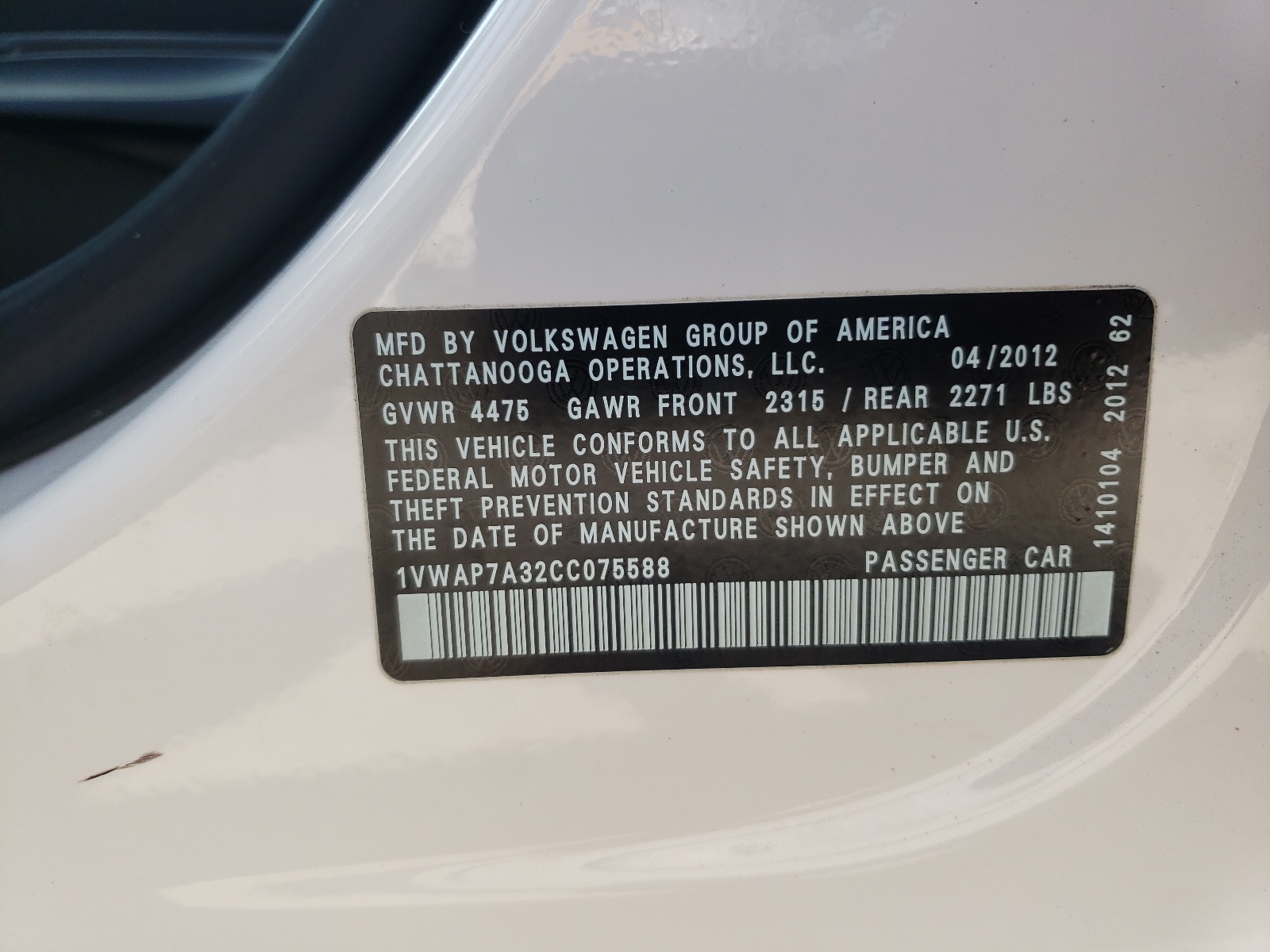 Zdjęcie 10 z aukcji – 2012 VOLKSWAGEN PASSAT S z VIN 1VWAP7A32CC075588