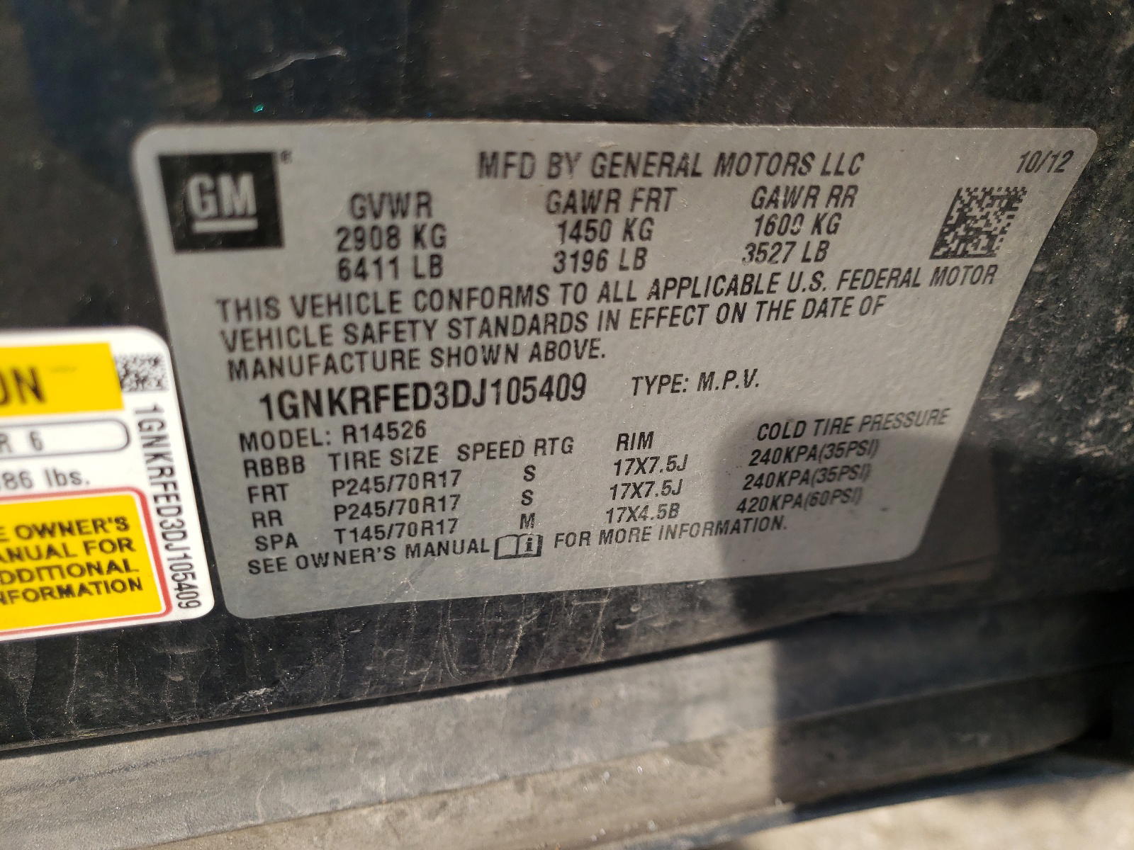 Photo 10 from auction – 2013 CHEVROLET TRAVERSE L with VIN 1GNKRFED3DJ105409
